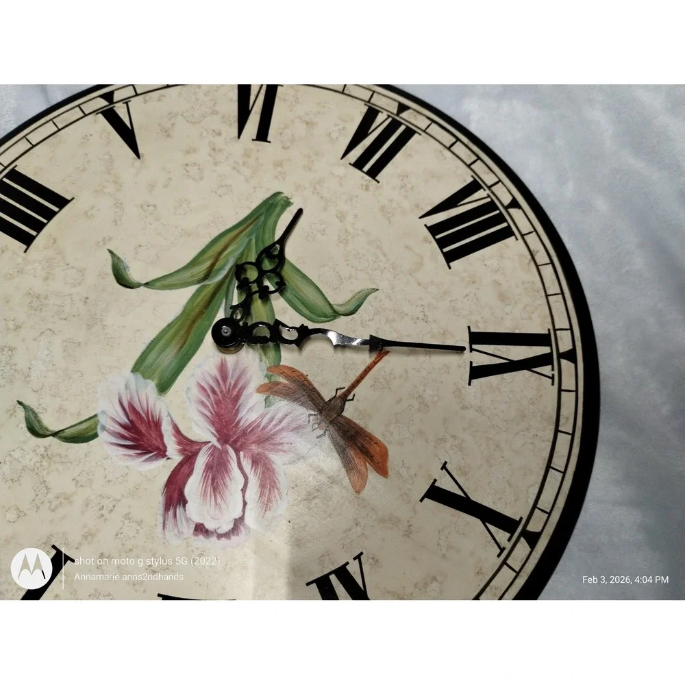 Floral Iris and Dragonfly Wall Clock Roman Numerals‎ Quartz Analog 11.5 Inch
